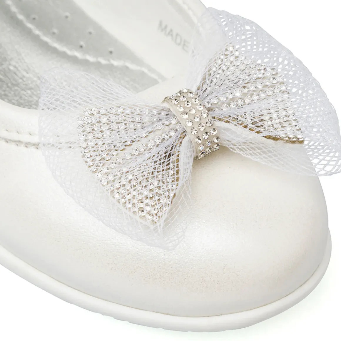 Ballerine bianche effetto iridescente da bambina con fiocco e strass Le scarpe di Alice