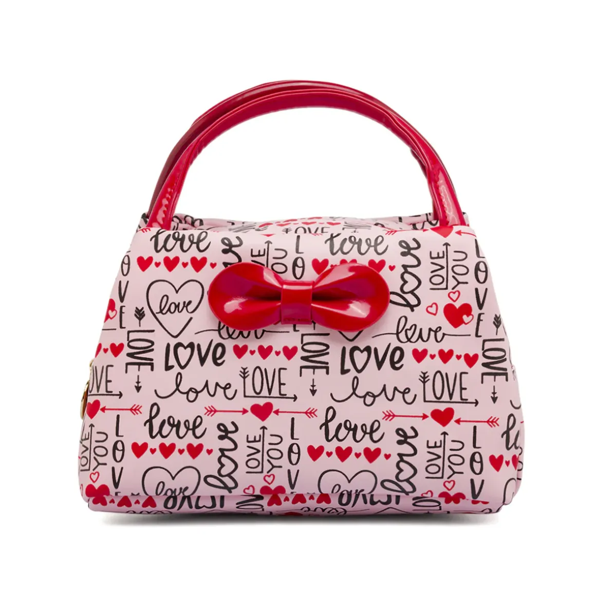 Beauty case Donna Rosa con stampa Love e maxi fiocco vernice Camomilla