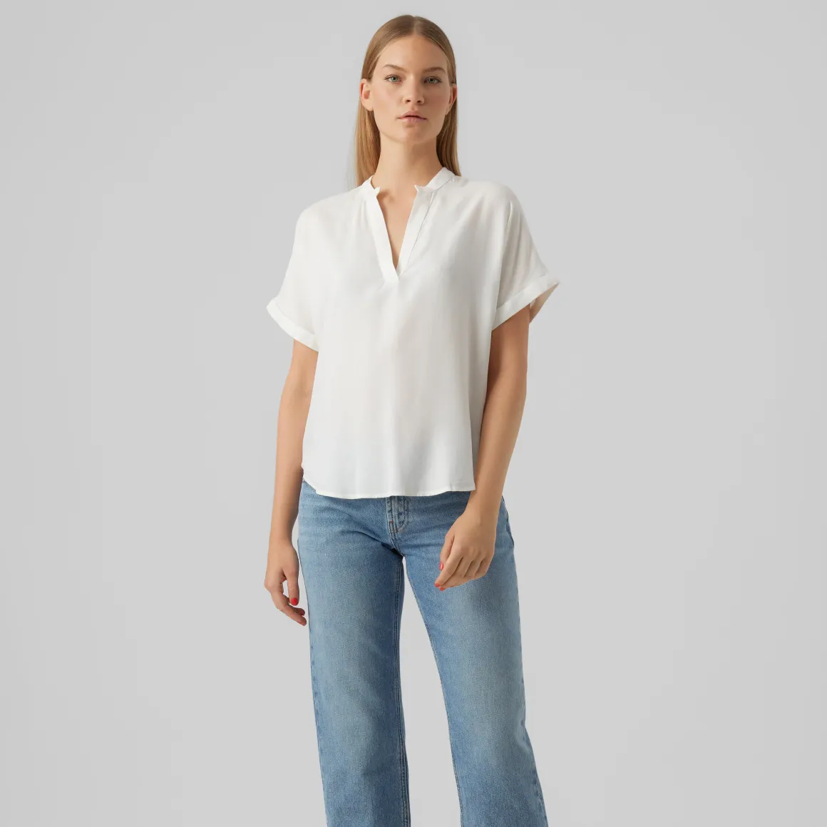 Blusa bianca da Donna a maniche corte colletto alla coreana Vero Moda