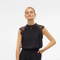 Blusa elegante nera Donna senza maniche con inserti in pizzo Vero Moda
