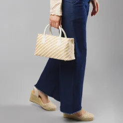 Borsa a mano da Donna bicolore bianco e beige a righe Lora Ferres