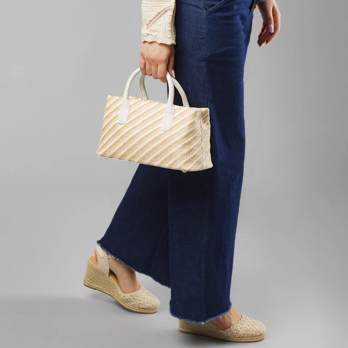 Borsa a mano da Donna bicolore bianco e beige a righe Lora Ferres