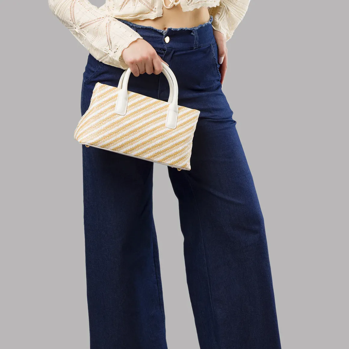 Borsa a mano da Donna bicolore bianco e beige a righe Lora Ferres
