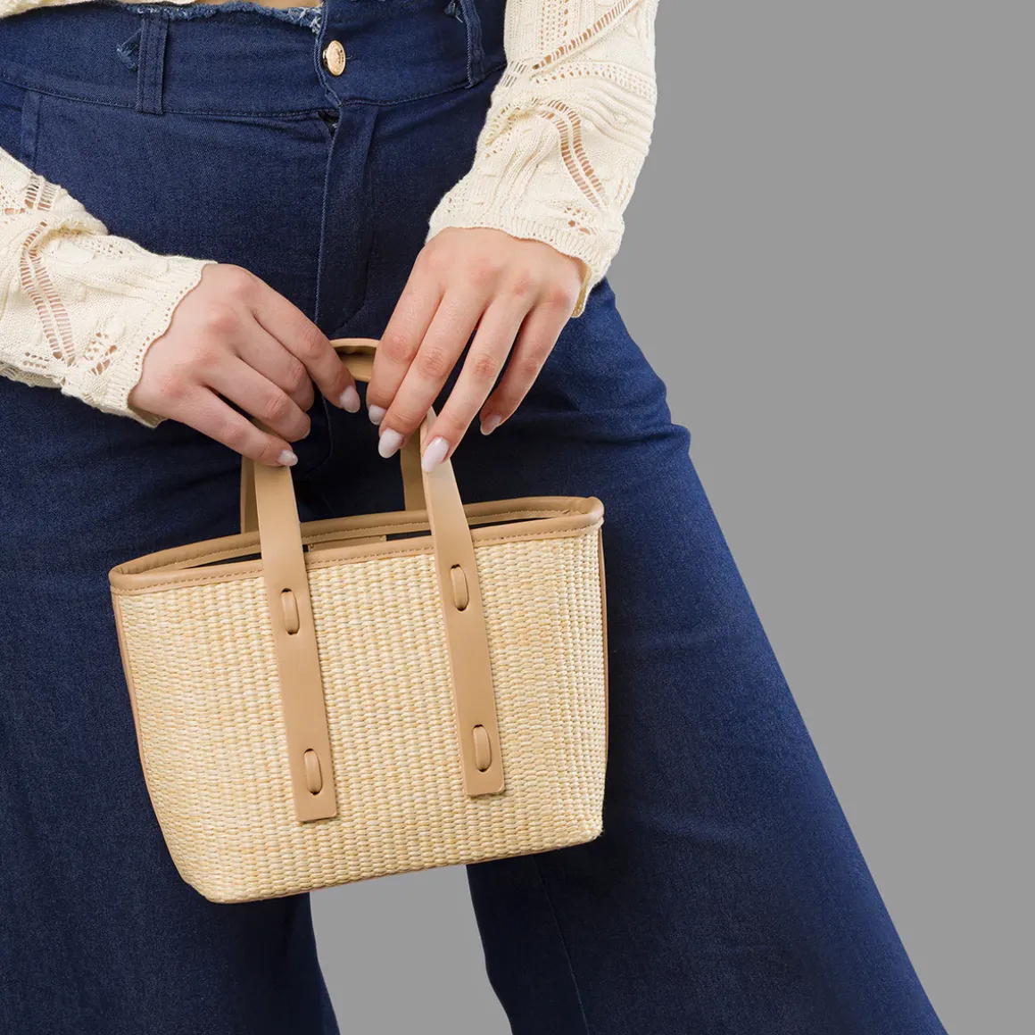 Borsa a mano da Donna nude effetto paglia con tracolla Lora Ferres