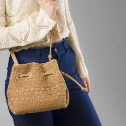 Borsa a secchiello beige Donna effetto crochet e coulisse Lora Ferres