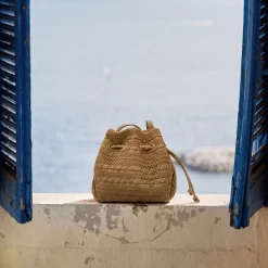 Borsa a secchiello beige Donna effetto crochet e coulisse Lora Ferres