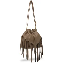 Borsa a secchiello marrone da Donna con frange e tracolla Lora Ferres