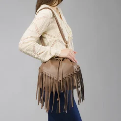 Borsa a secchiello marrone da Donna con frange e tracolla Lora Ferres