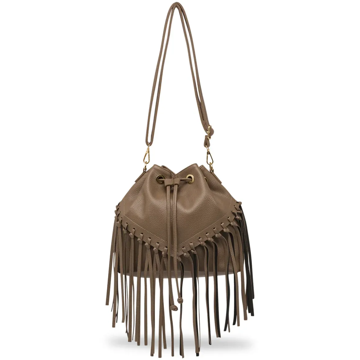 Borsa a secchiello marrone da Donna con frange e tracolla Lora Ferres