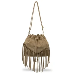Borsa a secchiello taupe da Donna con frange ed effetto scamosciato Lora Ferres