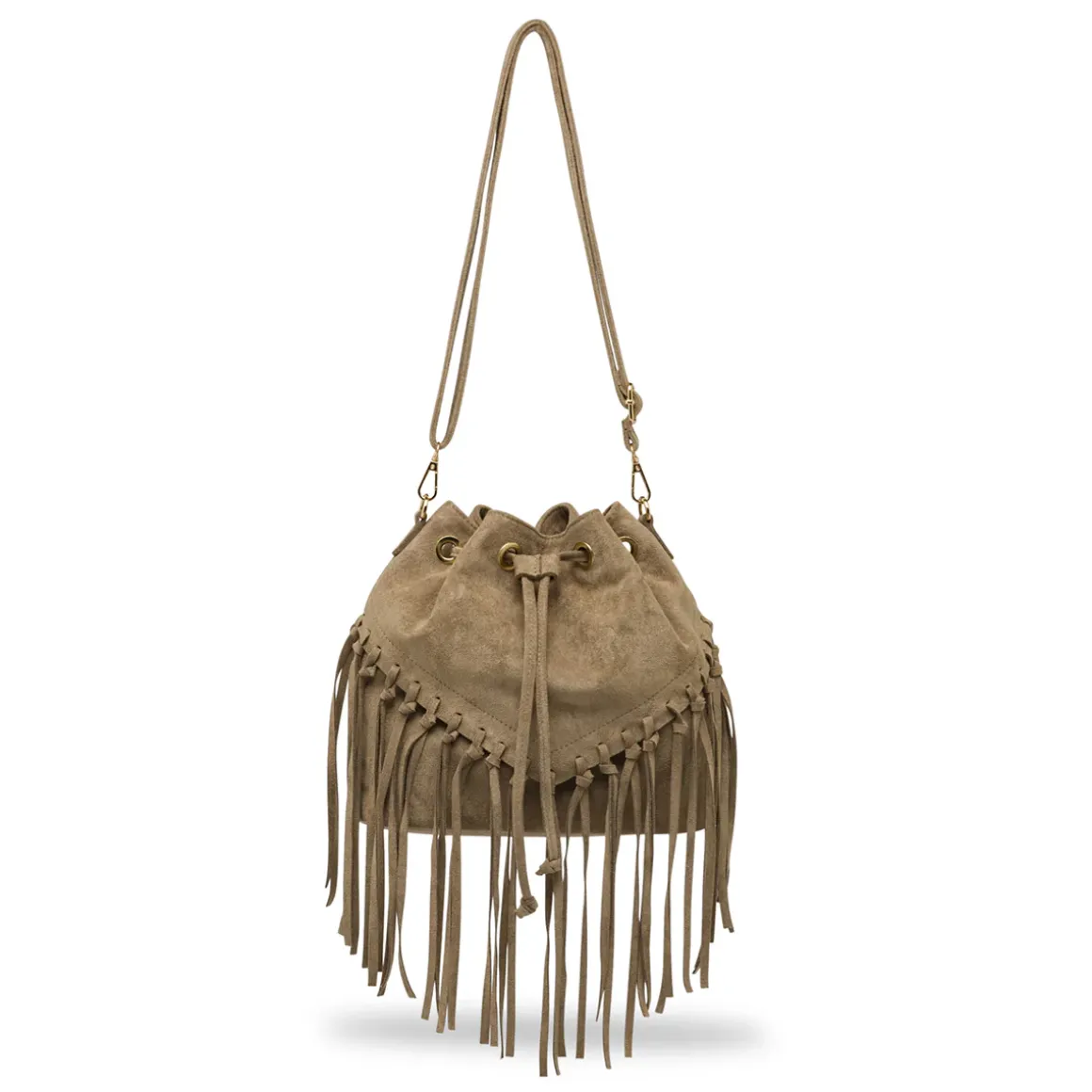 Borsa a secchiello taupe da Donna con frange ed effetto scamosciato Lora Ferres