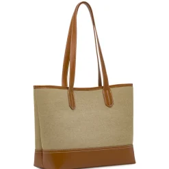 Borsa a spalla ampia da donna Lora Ferres beige e marrone in tessuto