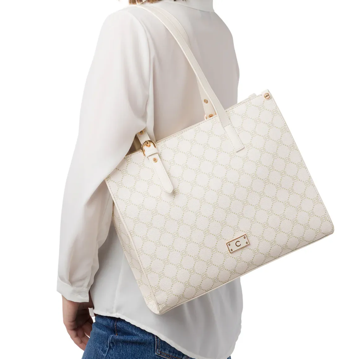 Borsa a spalla bianco off-white da Donna con dettaglio logo metallizzato Carrera Jeans
