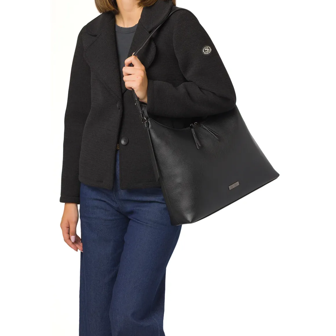 Borsa a spalla nera da Donna con zip e logo Lora Ferres