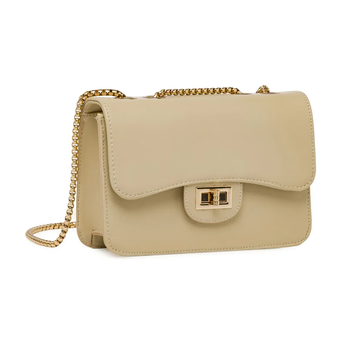 Borsa a tracolla da donna Lora Ferres beige con catena e dettagli oro