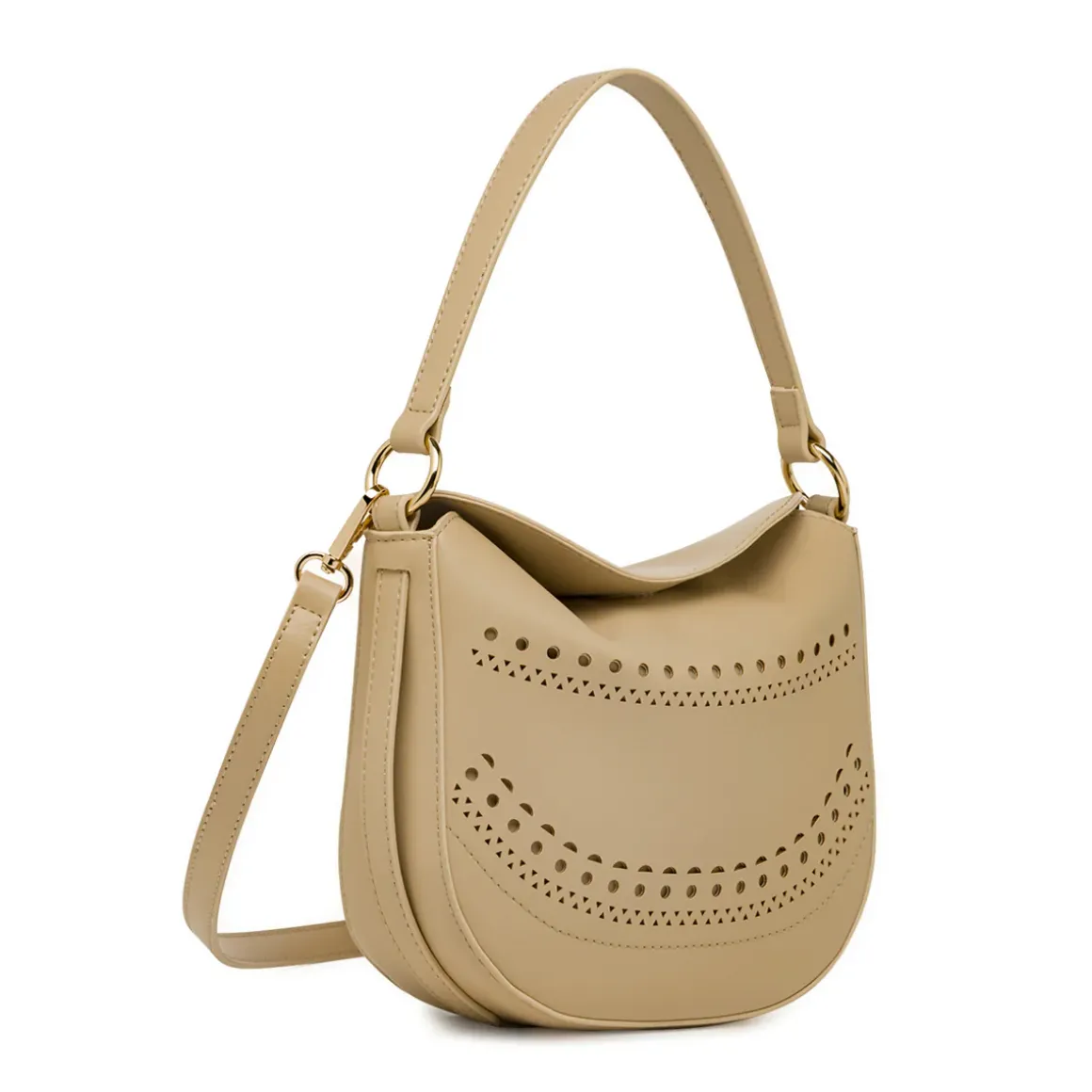 Borsa da donna beige con motivo traforato e tracolla Lora Ferres