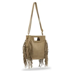 Borsa da Donna color taupe effetto scamosciato con frange Lora Ferres
