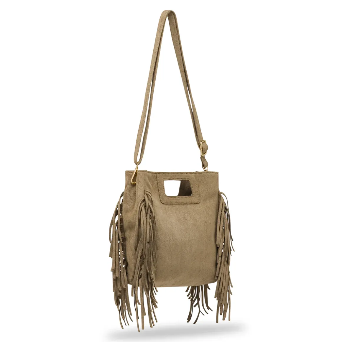 Borsa da Donna color taupe effetto scamosciato con frange Lora Ferres