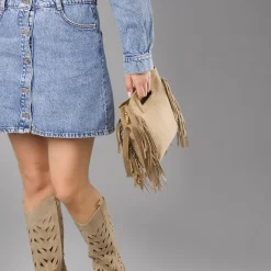 Borsa da Donna color taupe effetto scamosciato con frange Lora Ferres