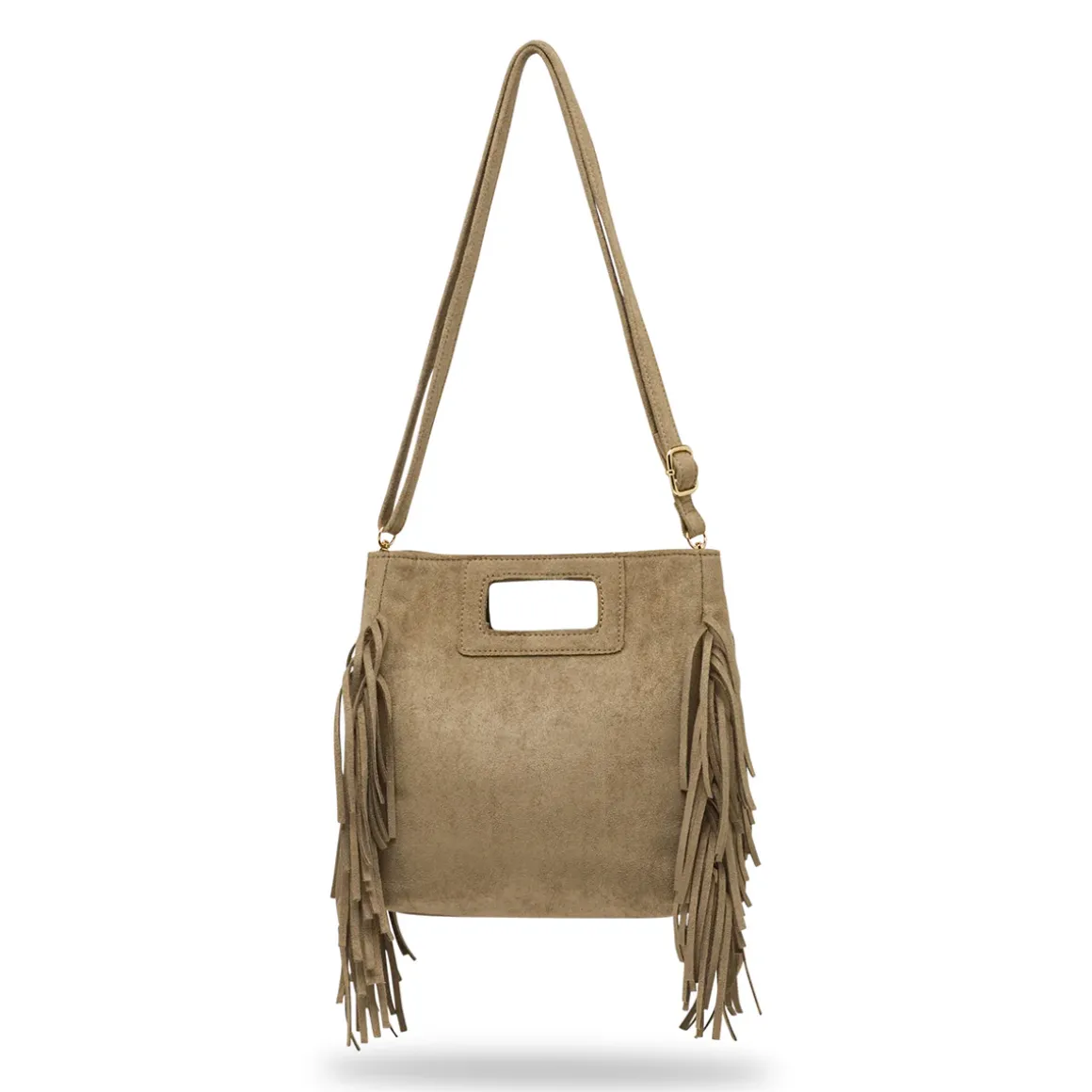 Borsa da Donna color taupe effetto scamosciato con frange Lora Ferres