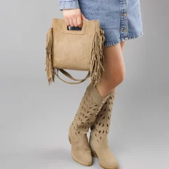 Borsa da Donna color taupe effetto scamosciato con frange Lora Ferres