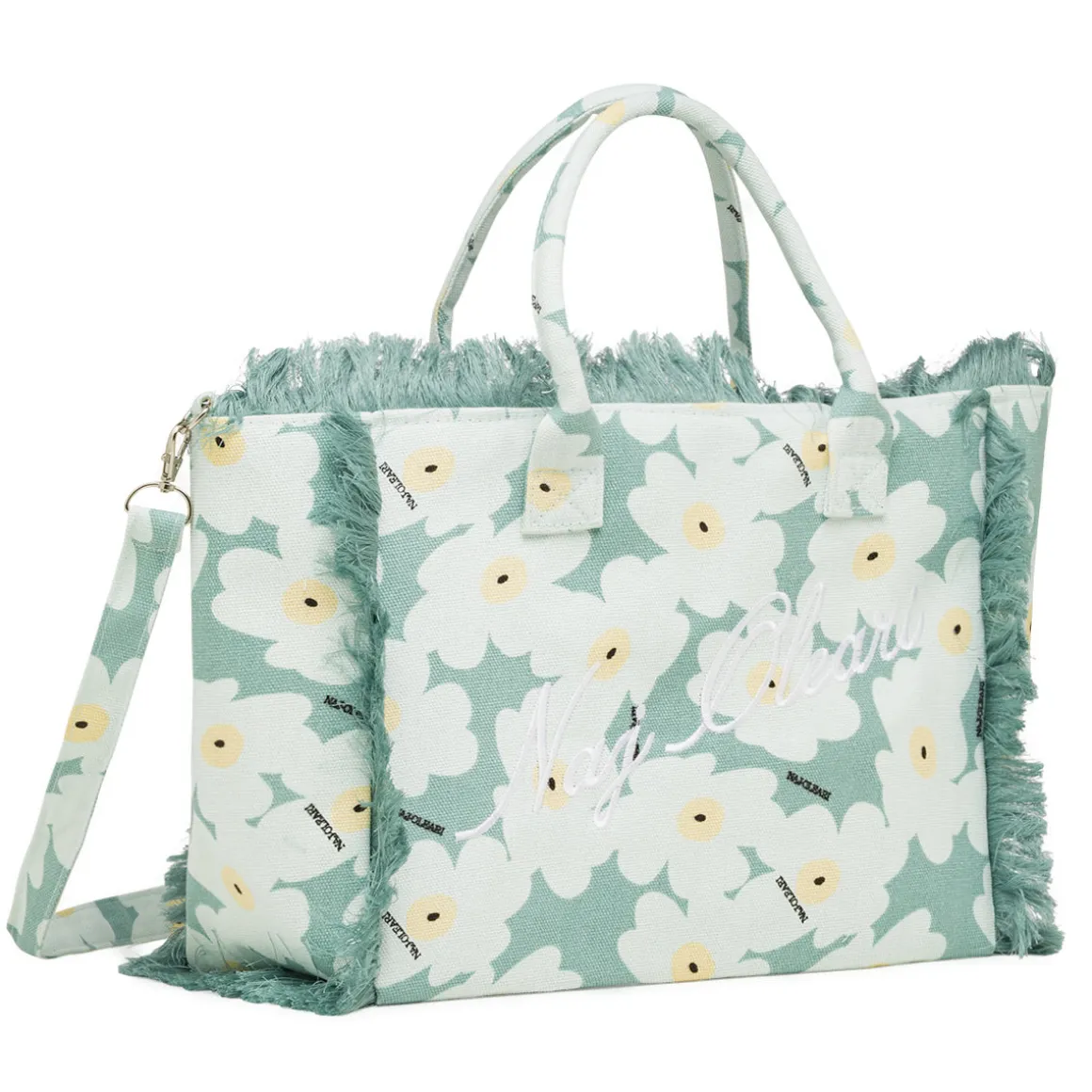 Borsa mare azzurra da Donna in tessuto a fiori con frange Naj Oleari