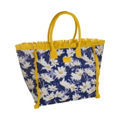 Borsa mare blu con fiori e frange gialle da Donna Camomilla Milano