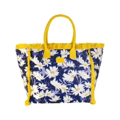Borsa mare blu con fiori e frange gialle da Donna Camomilla Milano