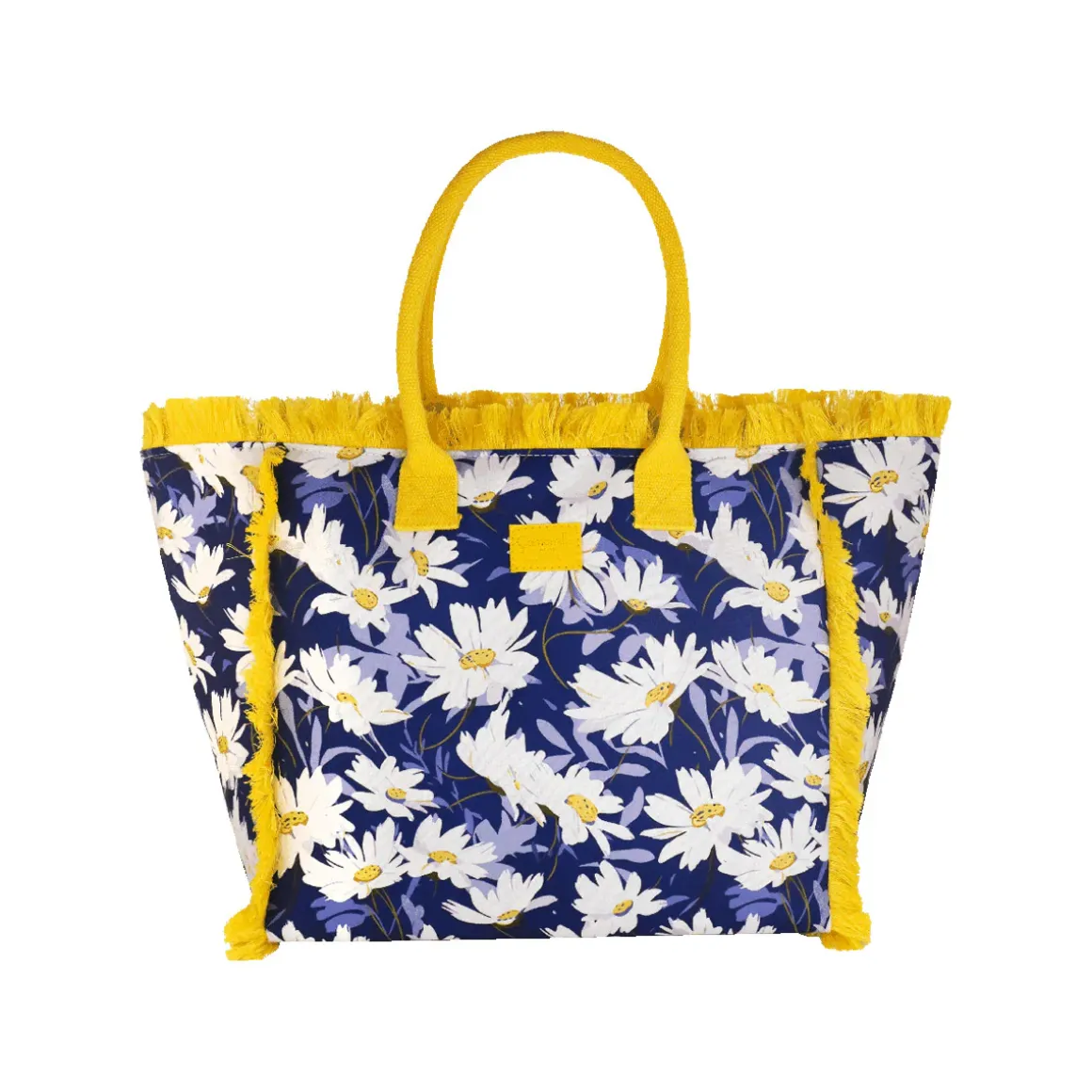 Borsa mare blu con fiori e frange gialle da Donna Camomilla Milano
