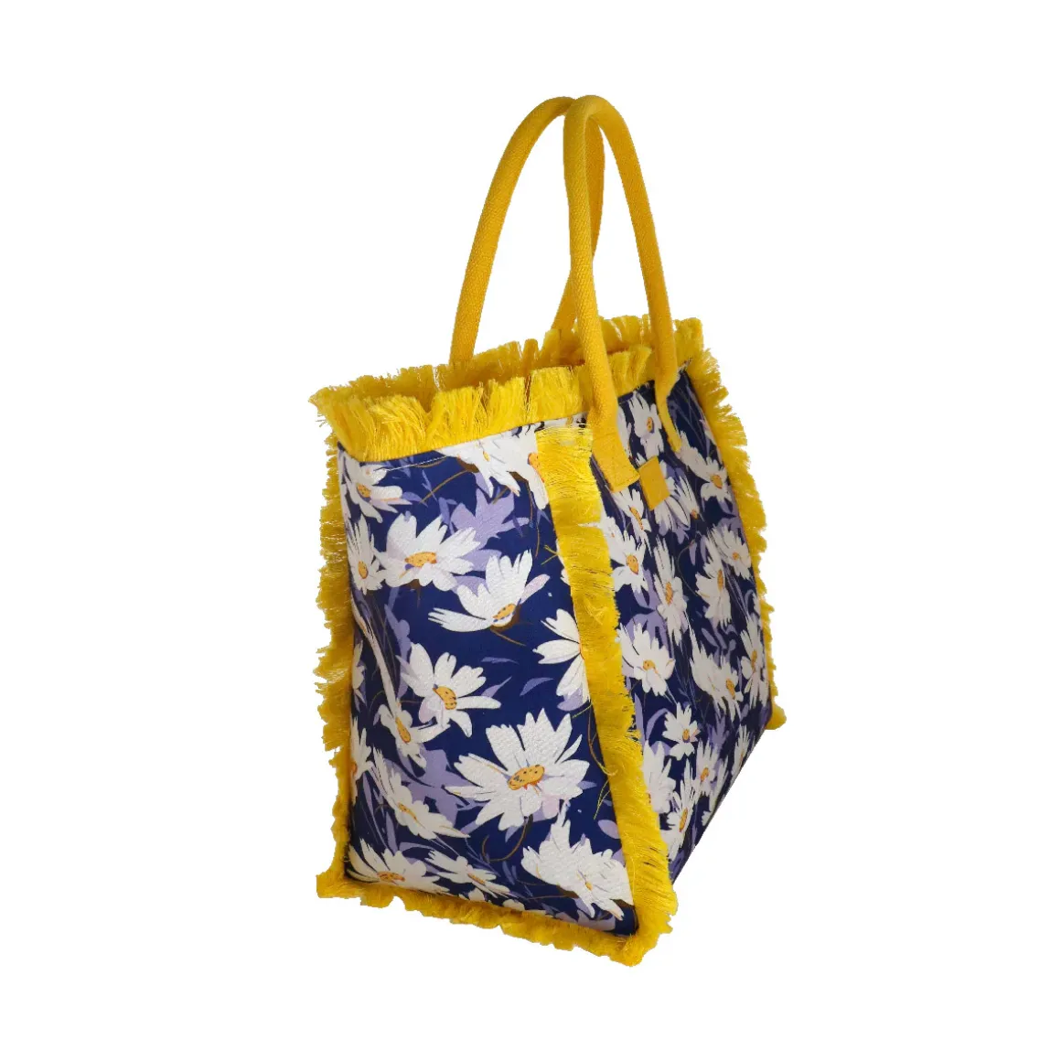 Borsa mare blu con fiori e frange gialle da Donna Camomilla Milano