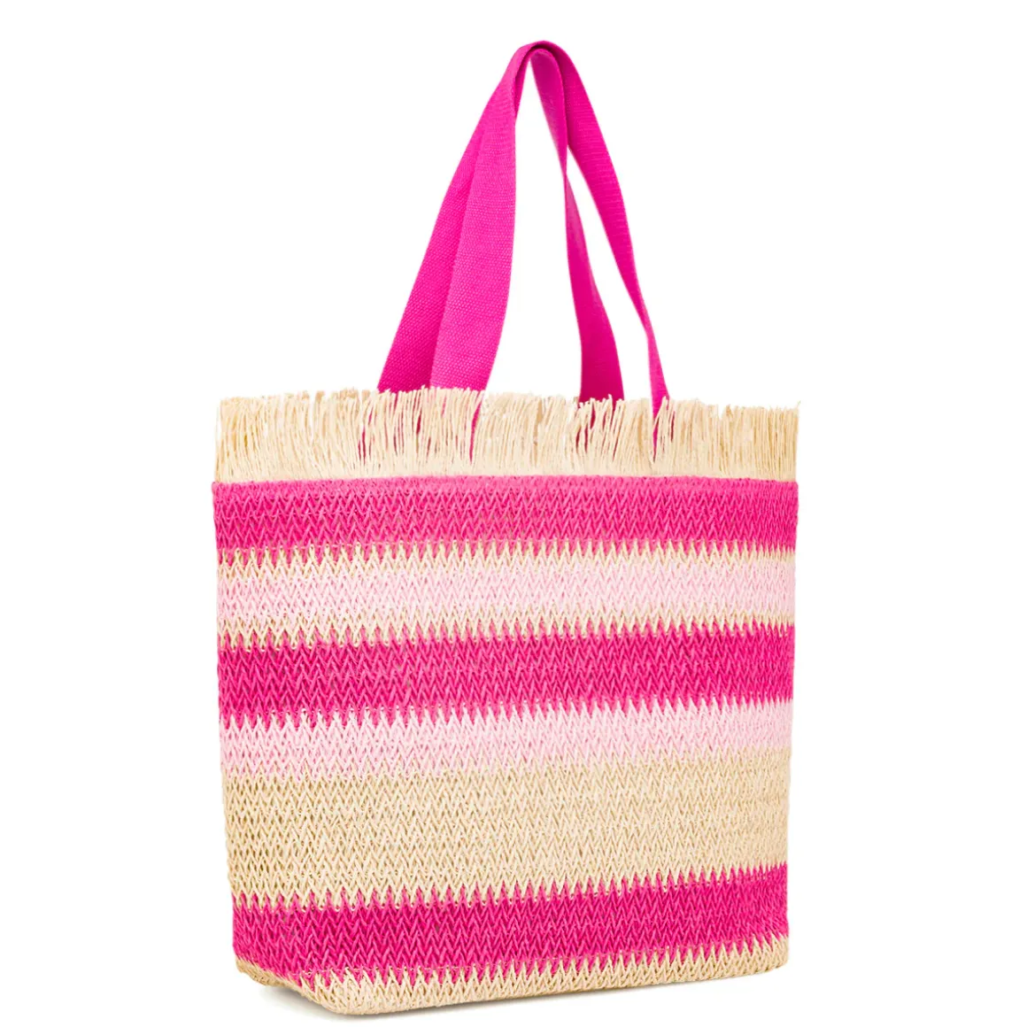 Borsa Mare da Donna in Rafia da Donna a Righe Rosa con Frange Lora Ferres On The Beach