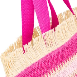 Borsa Mare da Donna in Rafia da Donna a Righe Rosa con Frange Lora Ferres On The Beach