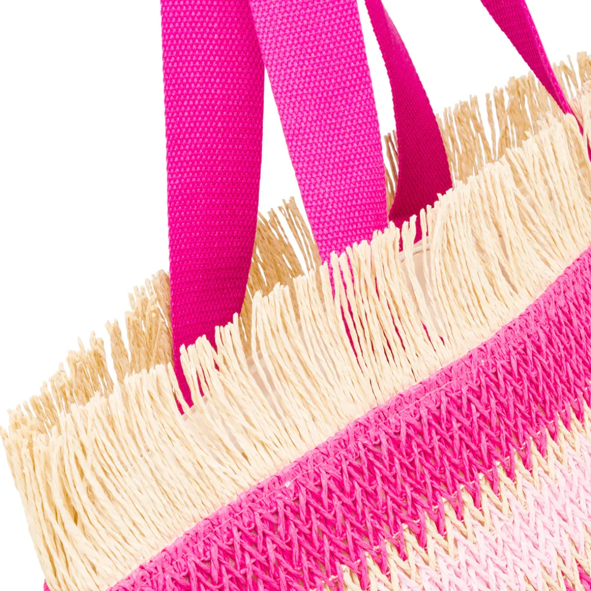Borsa Mare da Donna in Rafia da Donna a Righe Rosa con Frange Lora Ferres On The Beach