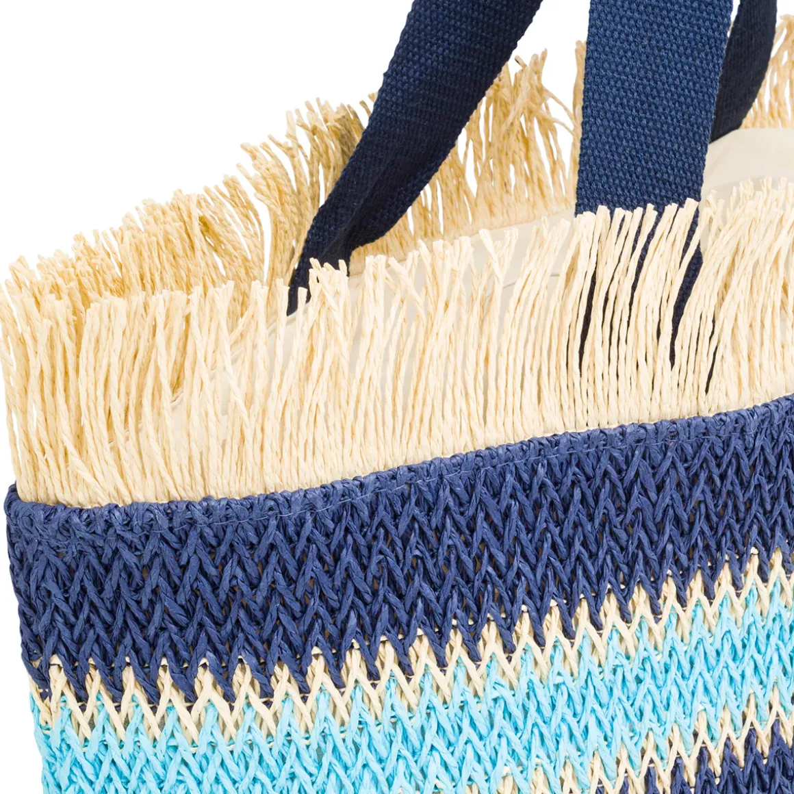 Borsa Mare da Donna in Rafia da Donna a Righe Azzurre con Frange Lora Ferres On The Beach