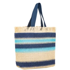 Borsa Mare da Donna in Rafia da Donna a Righe Azzurre con Frange Lora Ferres On The Beach
