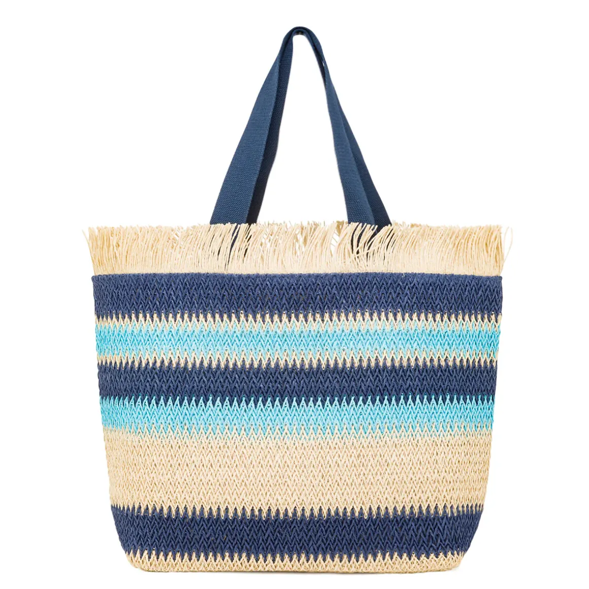 Borsa Mare da Donna in Rafia da Donna a Righe Azzurre con Frange Lora Ferres On The Beach