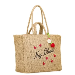 Borsa mare effetto rafia da Donna beige con ricamo fragole Naj Oleari