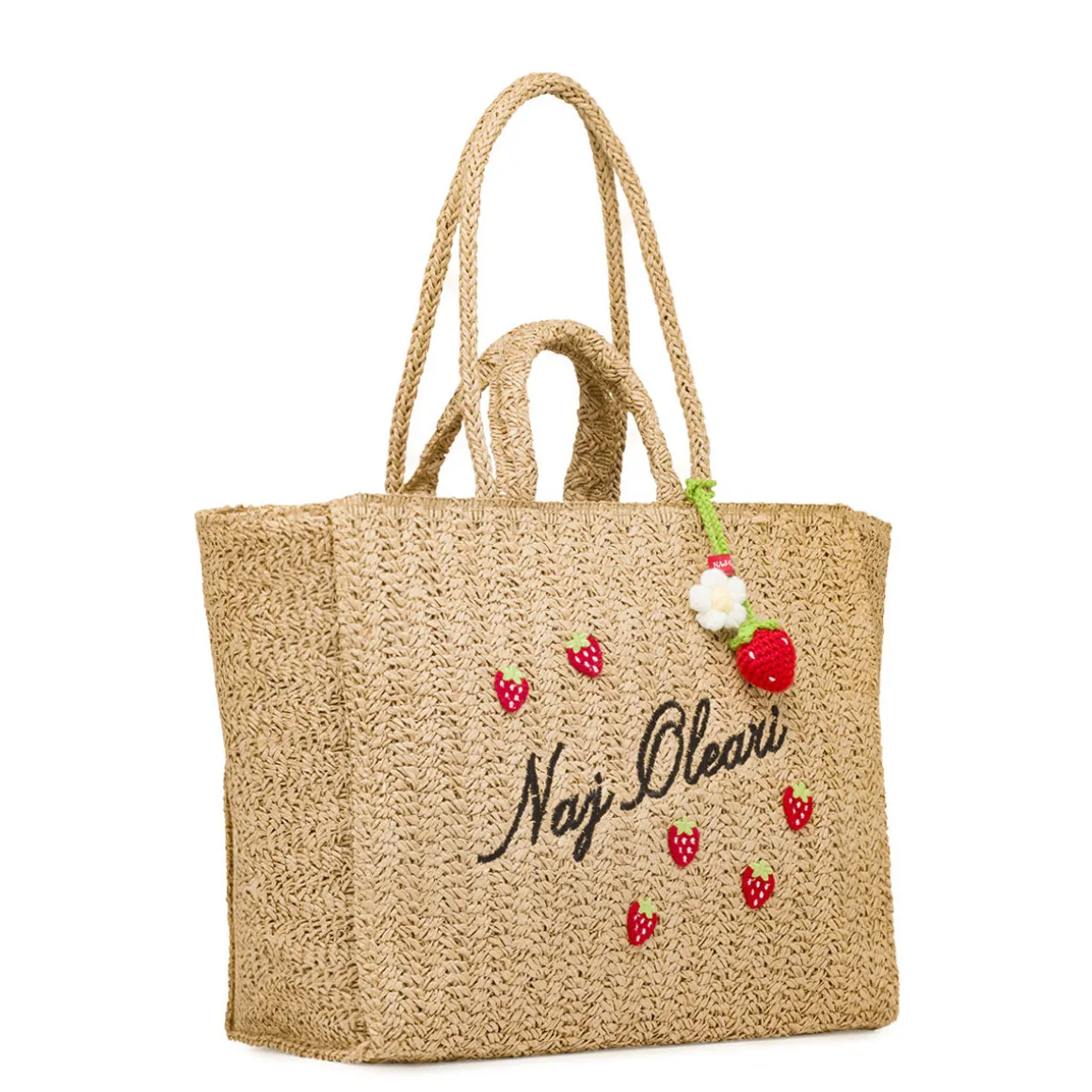 Borsa mare effetto rafia da Donna beige con ricamo fragole Naj Oleari
