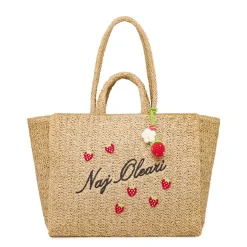 Borsa mare effetto rafia da Donna beige con ricamo fragole Naj Oleari