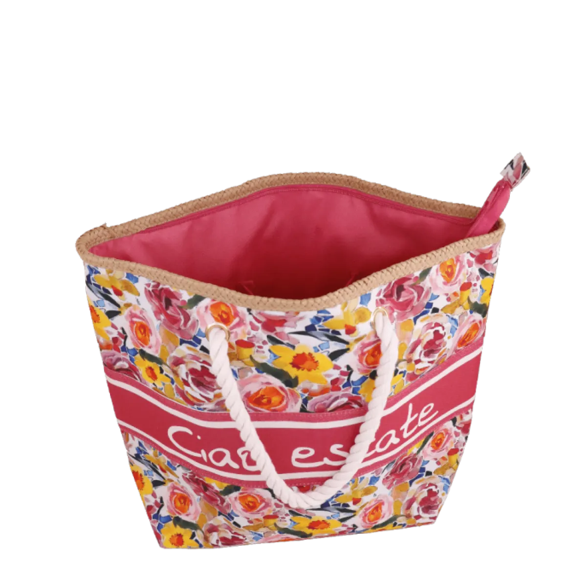 Borsa mare fucsia con fantasia floreale da Donna Camomilla Milano