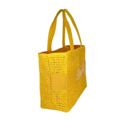 Borsa mare gialla da Donna con scritta BEACH effetto rafia Camomilla Milano