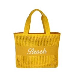 Borsa mare gialla da Donna con scritta BEACH effetto rafia Camomilla Milano