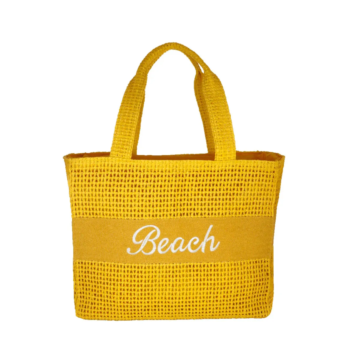 Borsa mare gialla da Donna con scritta BEACH effetto rafia Camomilla Milano