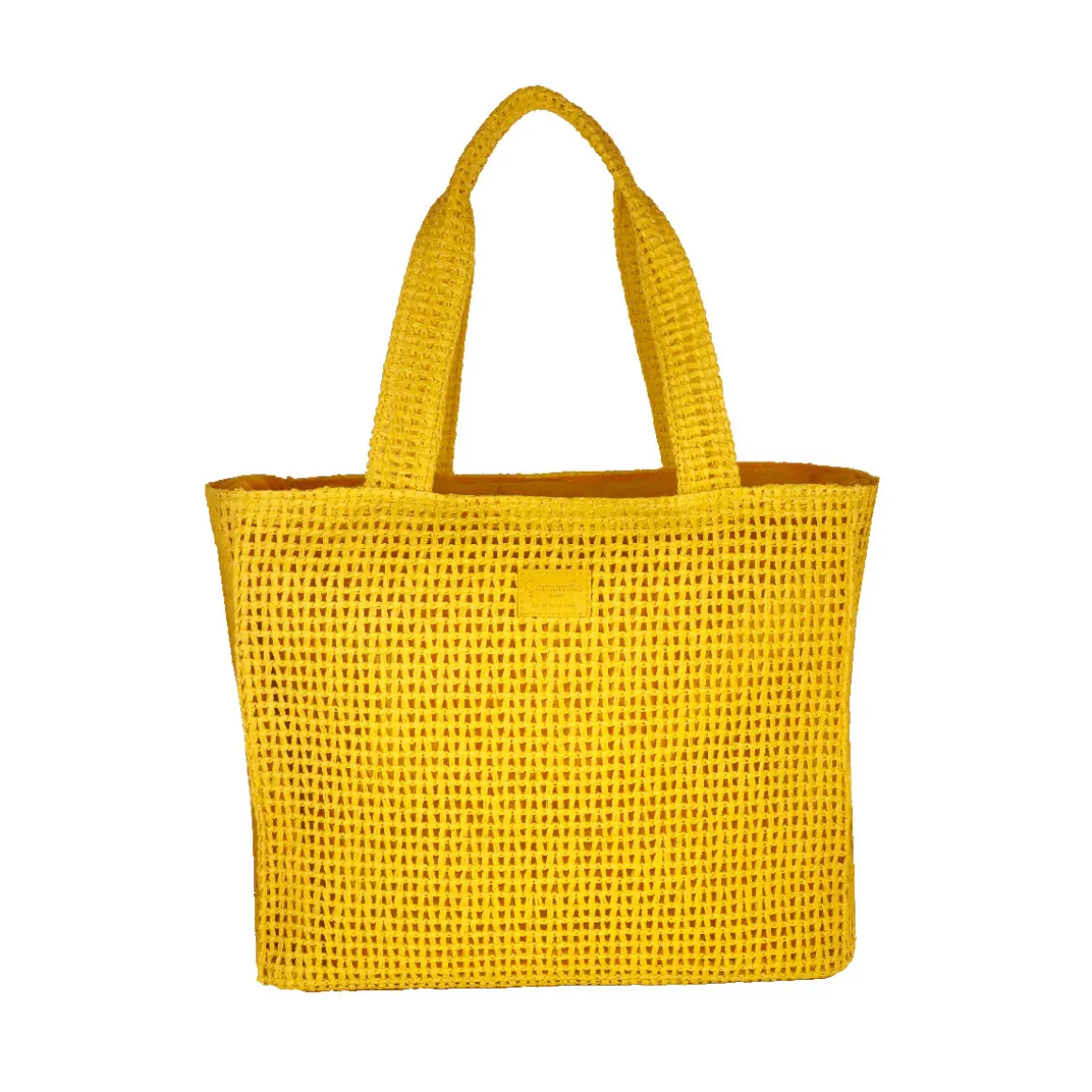 Borsa mare gialla da Donna con scritta BEACH effetto rafia Camomilla Milano