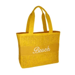 Borsa mare gialla da Donna con scritta BEACH effetto rafia Camomilla Milano
