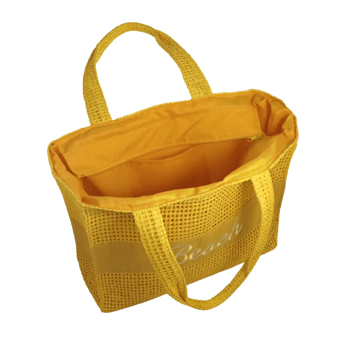 Borsa mare gialla da Donna con scritta BEACH effetto rafia Camomilla Milano