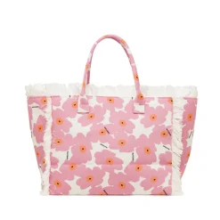 Borsa mare rosa Donna in tela con frange e fantasia fiori Naj Oleari