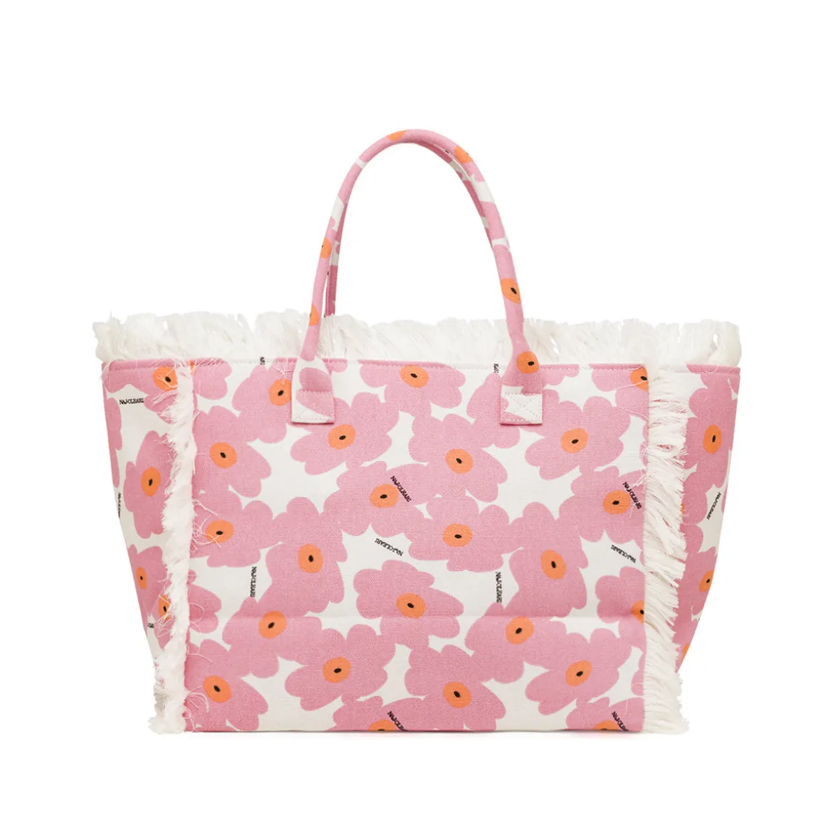 Borsa mare rosa Donna in tela con frange e fantasia fiori Naj Oleari