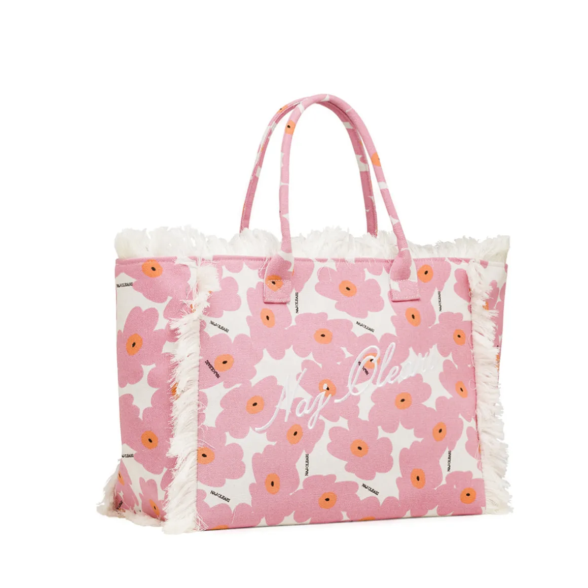 Borsa mare rosa Donna in tela con frange e fantasia fiori Naj Oleari