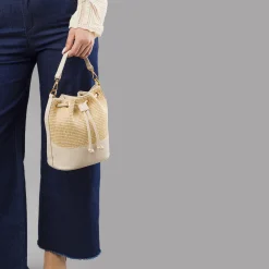 Borsa secchiello da Donna beige effetto paglia Lora Ferres